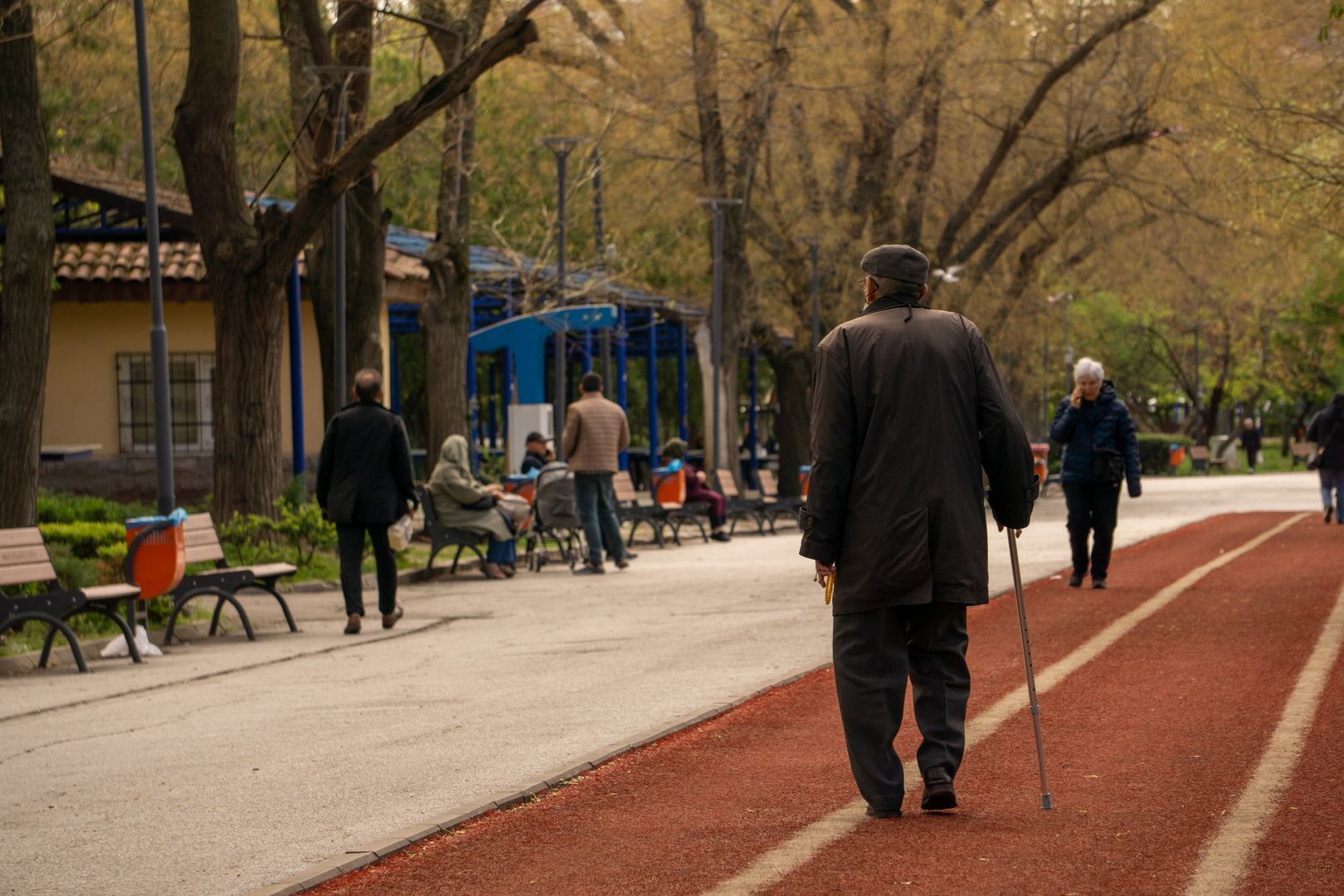 Elderly man in a dark coat walking with a cane along a park path seen from behind