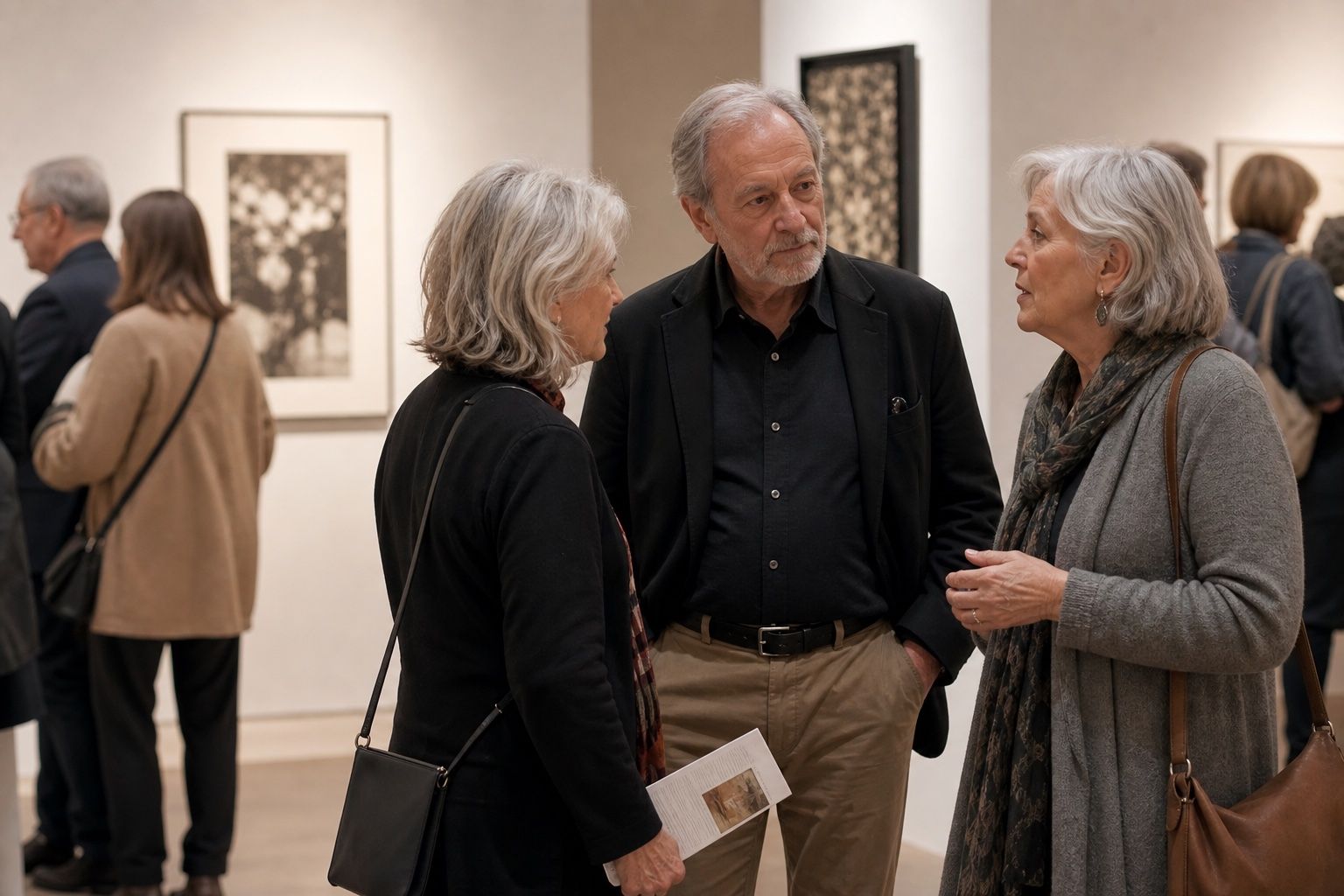 Three older adults talking at a relaxed gallery singles event