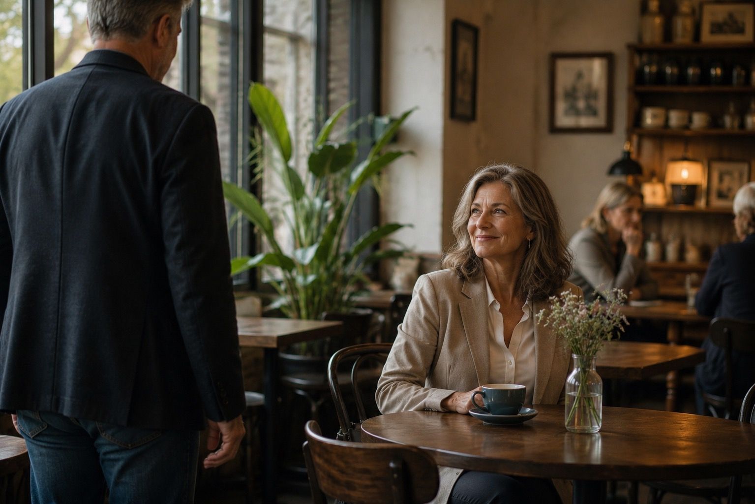 Woman over 50 meeting a man at a cafe table