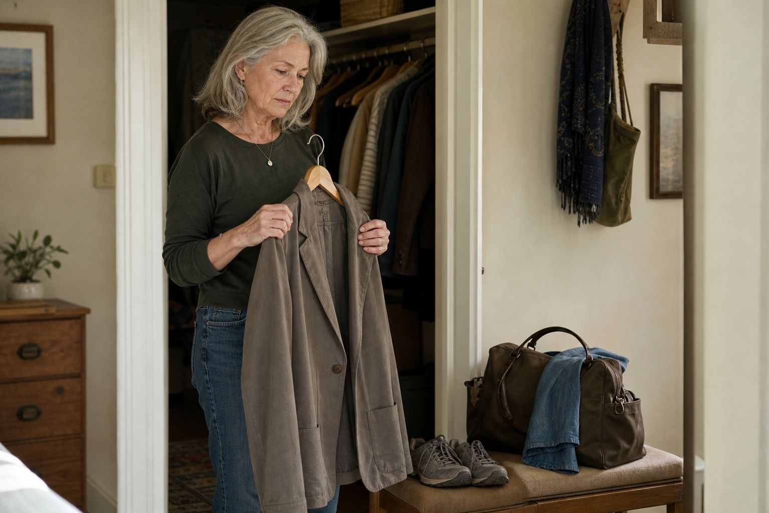 Woman over 60 choosing a jacket beside a packed travel bag