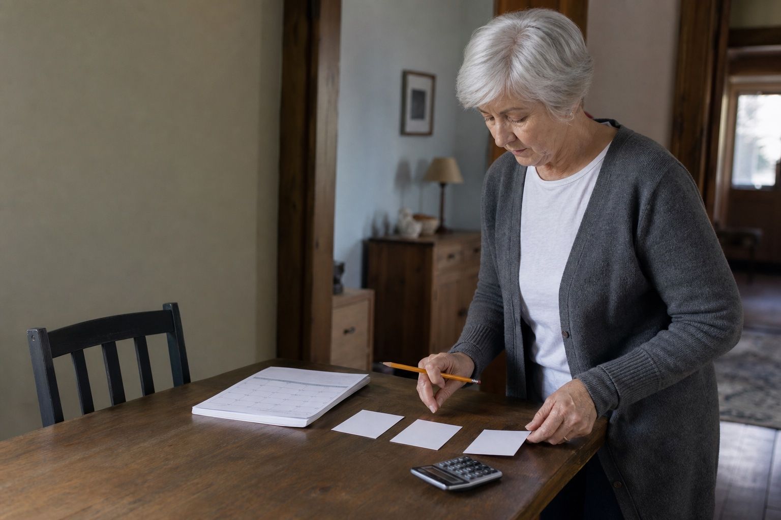 Woman over 60 comparing subscription options at her kitchen table