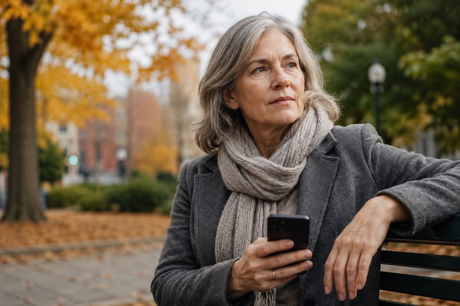 A mature woman sitting on a park bench in autumn, looking thoughtfully at her phone while considering an online dating conversation.