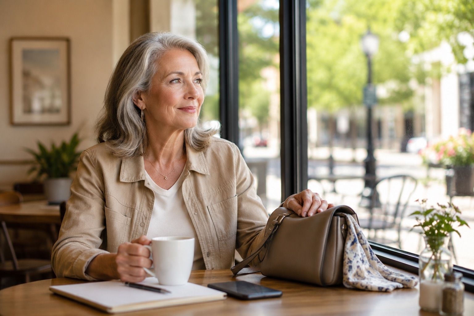 A mature woman sitting by a cafe window with coffee, her phone, and handbag nearby before a first meeting.