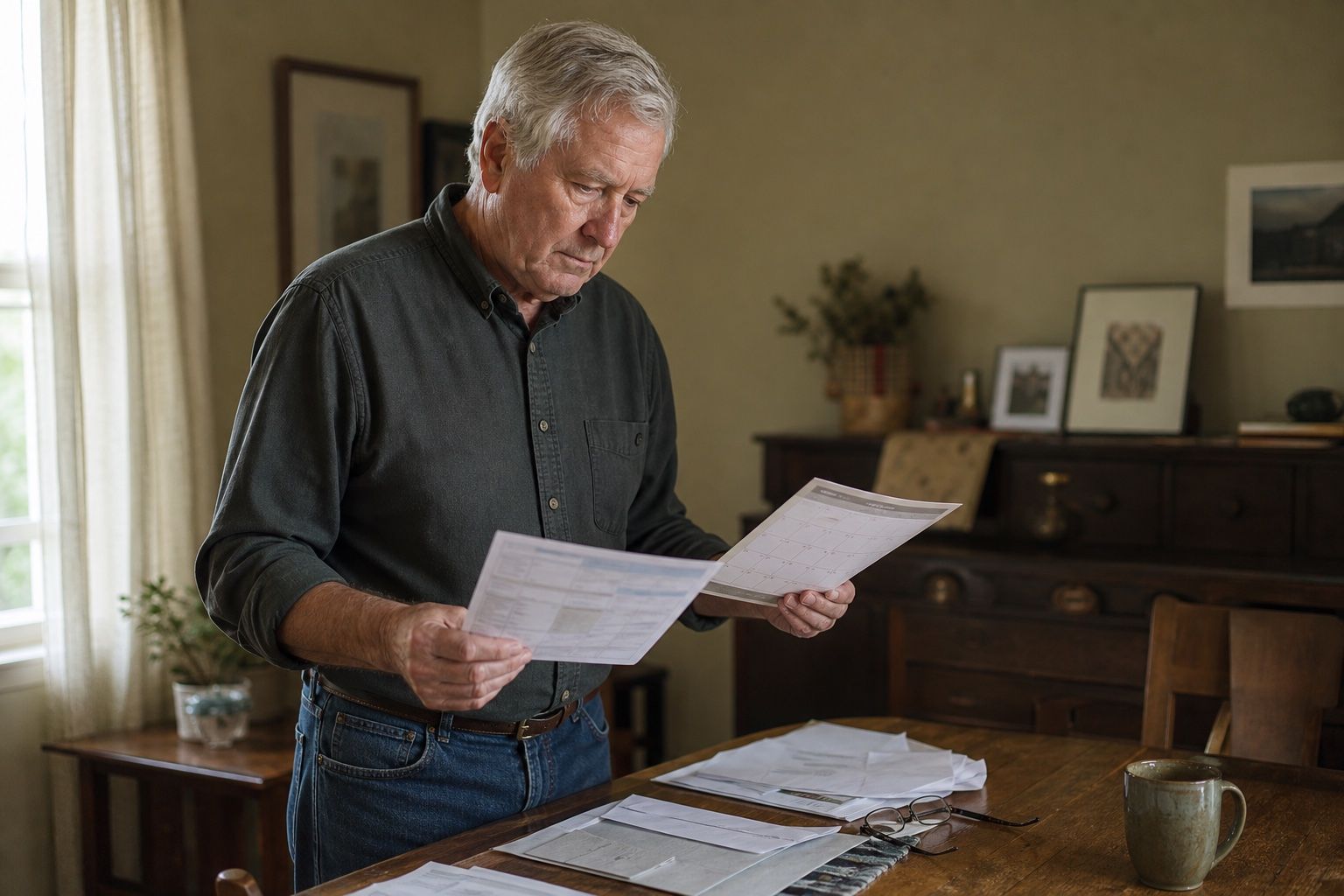Older man reviewing bills and calendar at a dining table