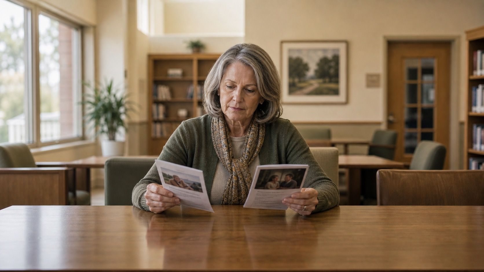 Woman over 50 comparing printed brochures in a community reading room
