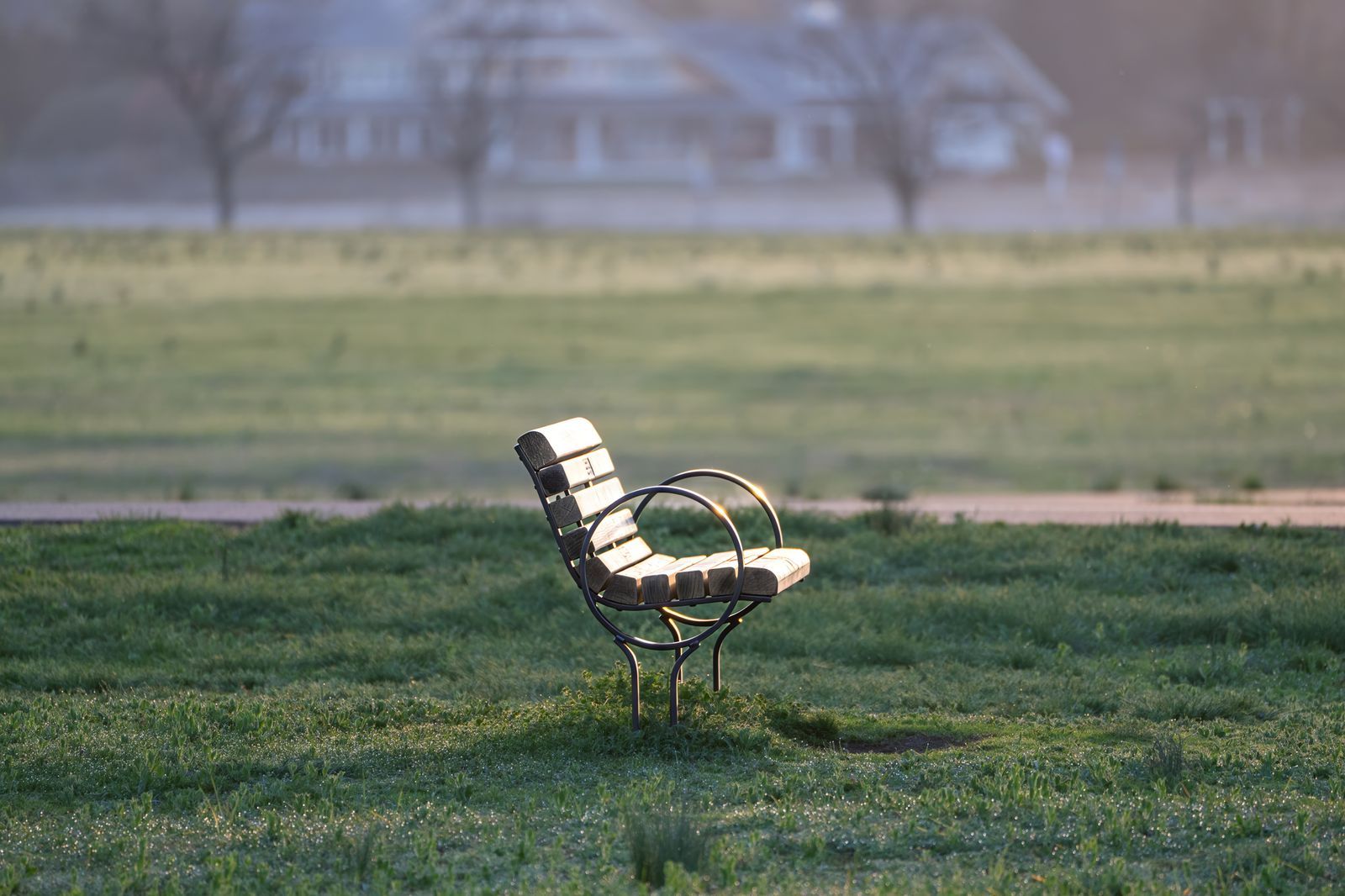 A solitary park bench bathed in soft morning light in a misty open field